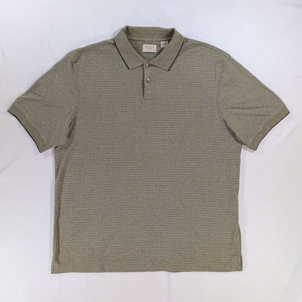 Hudson River Shirt Mens Large Beige Check Polo Short Sleeve Cotton Casual Top